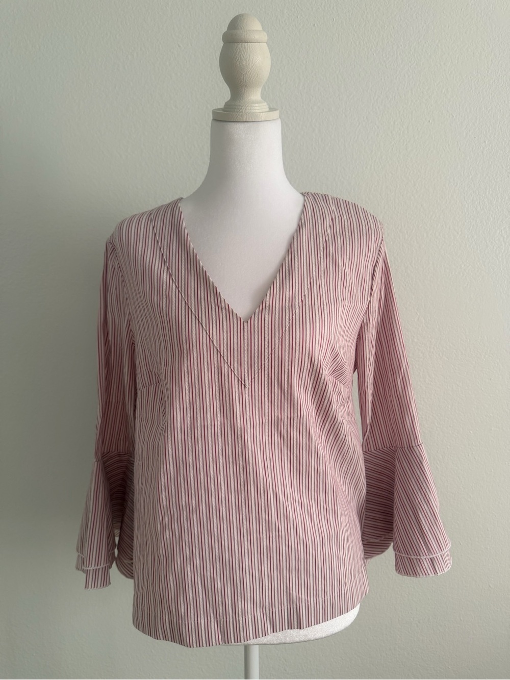 White House Black Market Pink Striped V-Neck Bell Sleeve Top